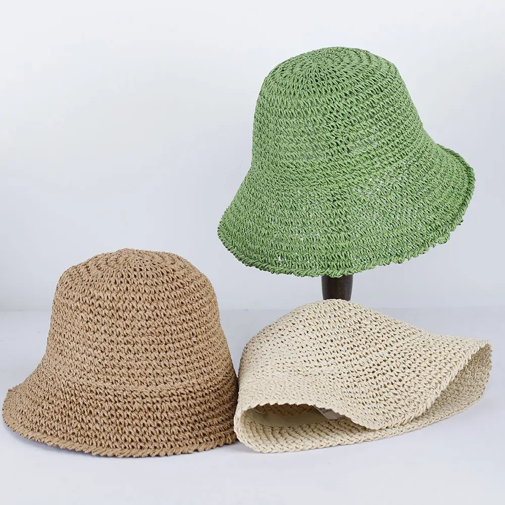 Atacado viseira feminina balde chapéu tecidos à mão verão sol viagens ao ar livre praia senhoras chapéu handmade disquete dobrável chapéu de palha