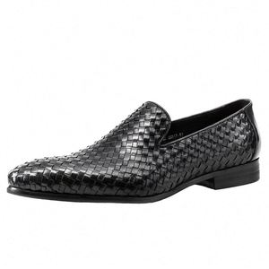 Black Woven Leather Loafers Pointed Toe <b>Slip</b>-<b>On</b> Men's Dress <b>Shoes</b> All Seasons Genuine Leather Upper Rubber Outsole - Product Image 1