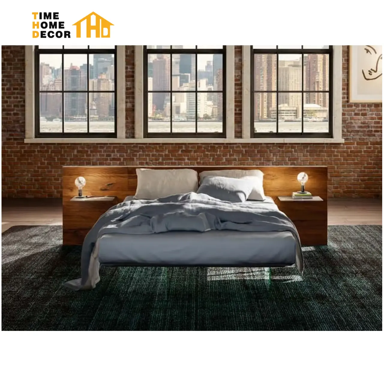 Lit King design de luxe en tissu minimaliste nordique Chambre à coucher principale moderne Nouveau design Lit double avec tête de lit en bois autoportant