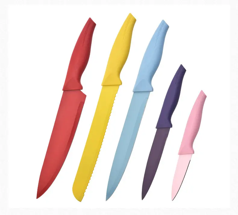 Renkli bıçak seti yapışmaz paslanmaz çelik gökkuşağı mutfak bıçağı seti şef oyma ekmek programı ile pişirme bıçakları meyve