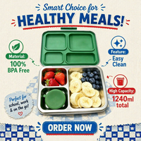 Boîte à lunch bento pour enfants en acier inoxydable 1240 ml, 4 compartiments, anti-fuite, récipient alimentaire en métal pour l'école et le bureau, sans BPA