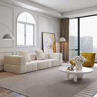 Canapé 3 places moderne pour salon, blanc crème, capitonné à motif quadrillé, compressé en boîte, effet matelassé à motif damier, pour hôtel et appartement