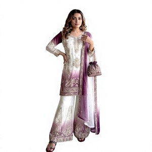 Gradient Purple White Indian Pakistani Top Embroidered Salwar Kameez Set with <b>Shawl</b> for Party <b>Wedding</b> - Product Image 1