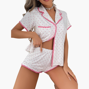 Pijama de Algodón con Estampado de Corazones y Ribete Festoneado, Conjunto de Pijama de Manga Corta para Mujer, Pantalones Cortos de Pijama, Conjuntos de Pijama de Modal y Bambú - Product Image 1