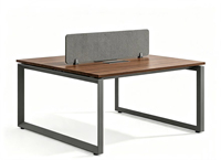 Bureau de travail pour 2 personnes avec cloison en tissu, plateau en bois grainé, structure en métal pour bureau à aire ouverte