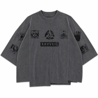 Kaos Acid Wash Custom Grosir Pria Bahan Katun Tebal Asimetris Step Hem Grafis Tarot Okultisme Streetwear