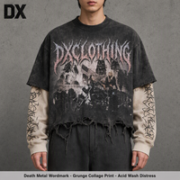 T-shirt à manches longues 300 g/m² avec manches en maille contrastante, délavage acide personnalisé, impression graffiti effet vieilli prononcé avec logo métallique, style streetwear, OEM ODM