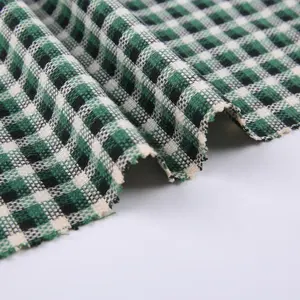 TRSP 285gsm涤纶人造丝氨纶经典格子提花套装面料色织绿色格子衬衫机织面料