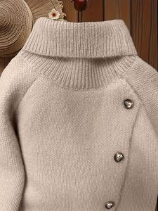 Nueva Moda Otoño-Invierno, Suéter Casual Elegante con Diseño de Botones, Cuello Alto, Tejido a Mano, Logotipo Frontal, Manga Larga - Product Image 3