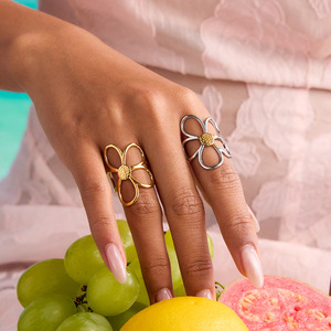 Flower Ring Stainless Steel Gold Silver Color <b>Block</b> Hollow Design Adjustable Unisex Jewelry Gift - Product Image 3