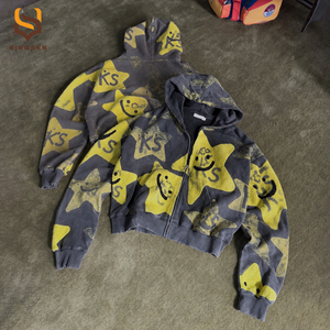 Sweat-shirt à capuche zippé pour homme, coupe oversize, style streetwear, imprimé en relief personnalisé, effet délavé vintage, style Y2K grunge, effet usé - Product Image 1