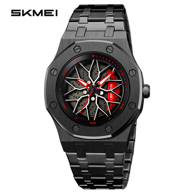 OEM Custom Logo 3D Hollow Turning Flywheel Skmei Brand Men Watches 3ATM Waterproof Stainless Steel Band Car Wheel Quartz Watch