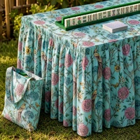Nappe plissée carrée motif floral chinoiserie bleue avec oiseaux pour table de mahjong, idéale pour salle de jeux ou salle à manger