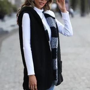 Gilet da giacca reversibile a quadri medio-lunghi all'ingrosso felpe con cappuccio larghe senza maniche cappotto in cashmere