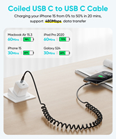 Cable USB C SUNGUY de 60W, Cable de Carga Rápida Retráctil, Cable de Datos para Teléfono, Laptop, Banco de Energía, Automóvil