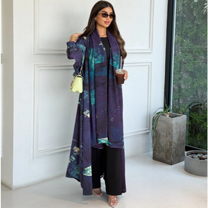 LEDUO Summer Abaya and <b>Matching</b> Sheila Shawl Violet Printed Double-Layered Chiffon Floor Length <b>Long</b> Sleeve - Product Image 1