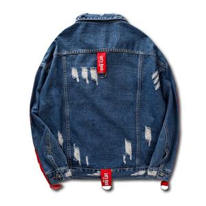 New Arrival Mens Hiphop Jeans <b>Jacket</b> Blue Black <b>Jacket</b> With <b>Red</b> Side Stripes Ripped <b>Denim</b> Coat Distressed Bomber Solid <b>Jacket</b> - Product Image 2
