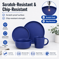 Service de table classique en grès bleu mat, 16 pièces pour 4 personnes, avec assiettes, bols et tasses - Compatible lave-vaisselle et four