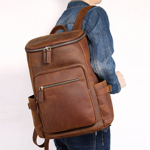 Crazy Horse Leather <b>Backpack</b> 20L Light <b>Brown</b> Unisex Travel Bag Fashionable Solid Color Outdoor Leisure - Product Image 1