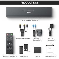 MT-VIKI Commutateur KVM 4K 60Hz 8 ports avec 8 câbles et audio 3,5 mm, montage en rack, 4 USB 2.0 HDCP 2.2
