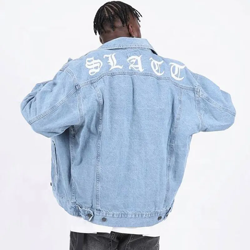 Custom logo streetwear mens light blue denim jacket for jeans jacket