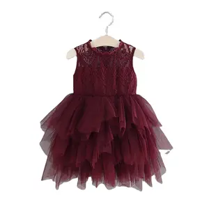 2023 nouveau bébé vêtements sans manches dentelle smocké gonflé tulle bordeaux blanc fille robe en gros enfants vêtements