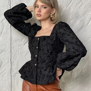 Chemise de bureau haut de gamme en jacquard de style français pour femmes, à col carré, à <span class=keywords><strong>manches</strong></span> <span class=keywords><strong>bouffantes</strong></span>, anti-boulochage, vintage, printemps, Y00498 - Product Image 1