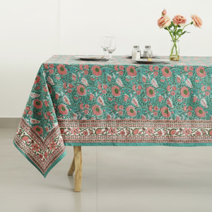 Vert rose Floral 100% coton nappe faite à la main bloc imprimé conception taille personnalisée maison hôtel fête de mariage décor extérieur - Product Image 1