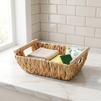 Ensemble de paniers de rangement en jonc de mer tressé à la main, 3 paniers rectangulaires avec poignées en bois, écologiques, multi-usages, décoration d'intérieur, organisateur d'étagère