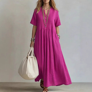 Nuevo Vestido Largo Informal para Mujer 2026, Cuello en V, <span class=keywords><strong>Manga</strong></span> Corta, Plisado, de Algodón y Lino - Product Image 1