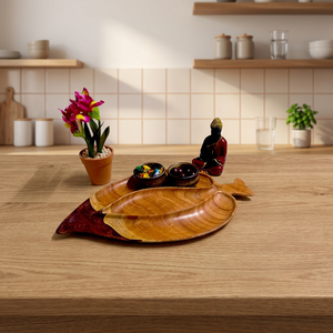 Natural Acacia Wood Serving Tray Irregular Shaped Snack Fruit Platter for Dining <b>Tables</b> Features <b>Plant</b> Pattern Asian Zen Design - Product Image 2