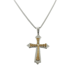 Men's Stainless Steel <b>Cross</b> Pendant Necklace <b>With</b> Gold Inlay And Crystal Detail Geometric Design For Fashion Jewelry - Product Image 3
