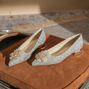 Ballerines de mariage couleur champagne à talon bas, dessus en cuir véritable, semelle intermédiaire en caoutchouc, imperméables - Product Image 6