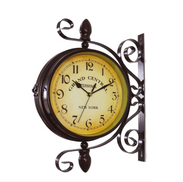 Antique Double Sided Two Faces Retro Station Wall Hanging Clock Wrought Iron Scroll Wall Side Mount Clock for Living Room