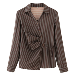 Chemisier en satin rayé pour femme, à manches longues, boutonné, avec lien à nouer, style décontracté, coupe régulière, manches complètes, style ample - Product Image 1