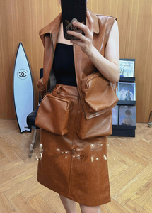 Nouveau <span class=keywords><strong>gilet</strong></span> en cuir véritable rétro pour femmes avec grandes poches, <span class=keywords><strong>gilet</strong></span> en cuir <span class=keywords><strong>sans</strong></span> manches vintage - Product Image 5
