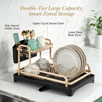 Égouttoir à vaisselle double moderne multifonctionnel en aluminium doré, sans rouille, avec bec de vidange automatique, gain de place, organisateur d'évier de cuisine