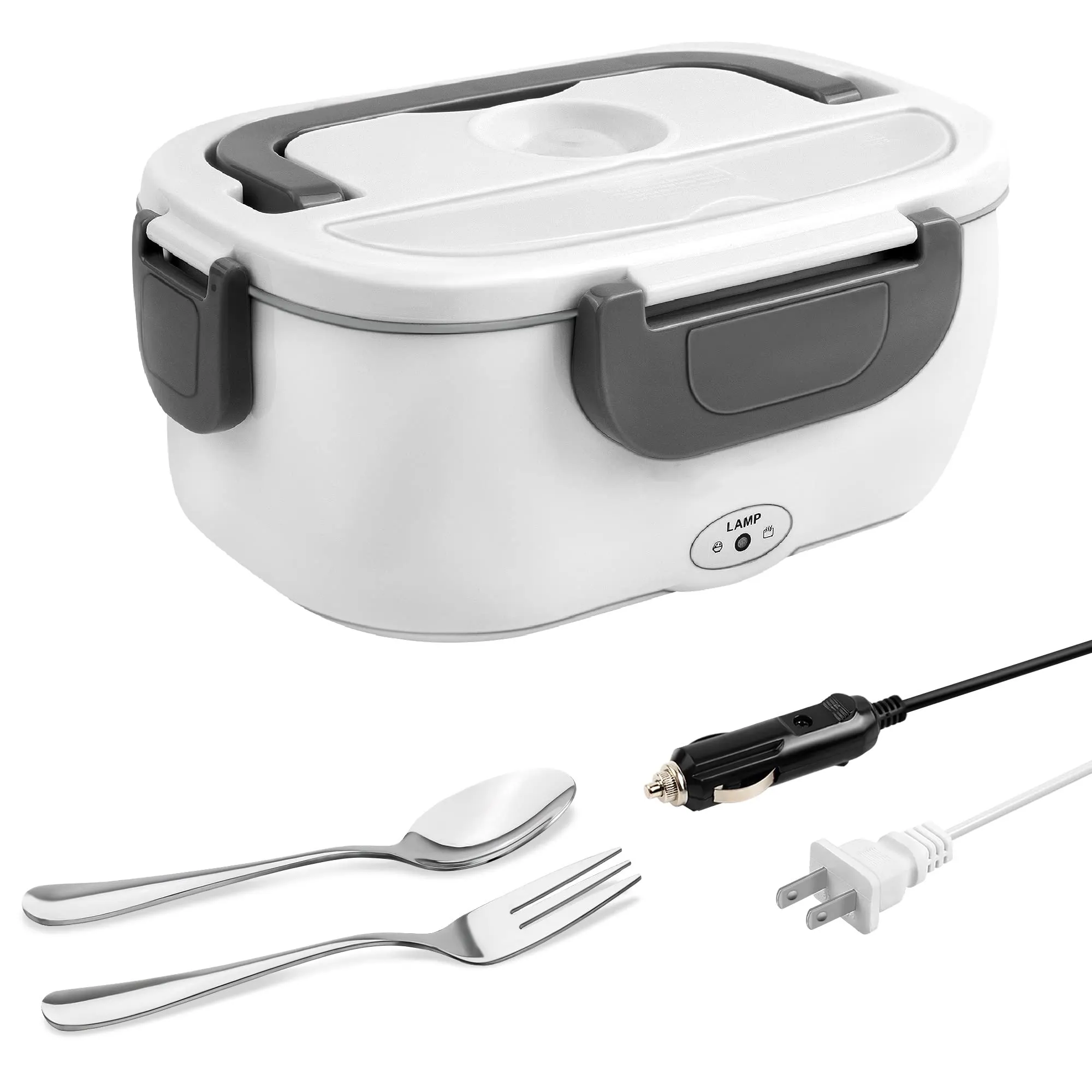Pemanas makanan baja tahan karat portabel, kotak makan siang listrik dengan tas jinjing 110V/12V, wadah bisa dilepas