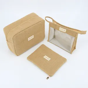 Bolsa cosmética de yute con cremallera reciclable natural, bolsa de maquillaje de cáñamo orgánico, bolsa cosmética de viaje de cáñamo