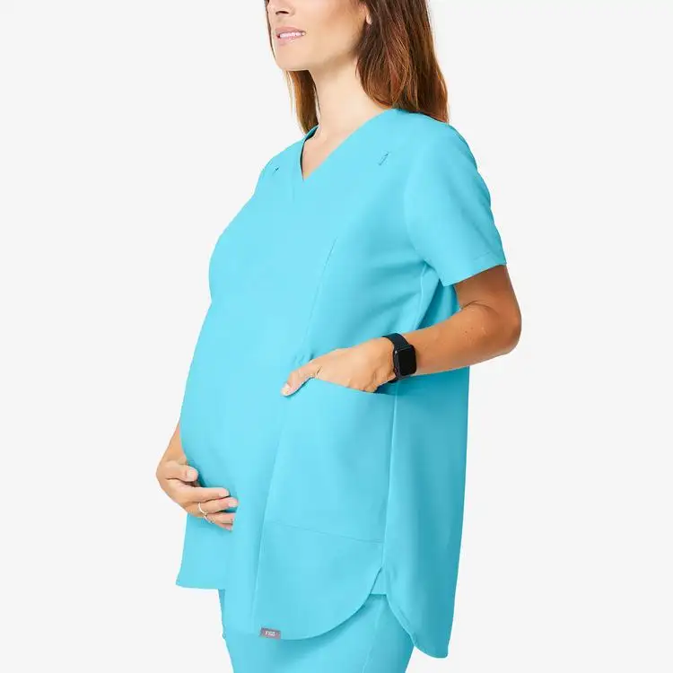 بدلة صيفية للأمهات بفتحة رقبة على شكل حرف v مناسبة للمستشفيات باللون الأخضر وأكمام قصيرة وأحجام كبيرة