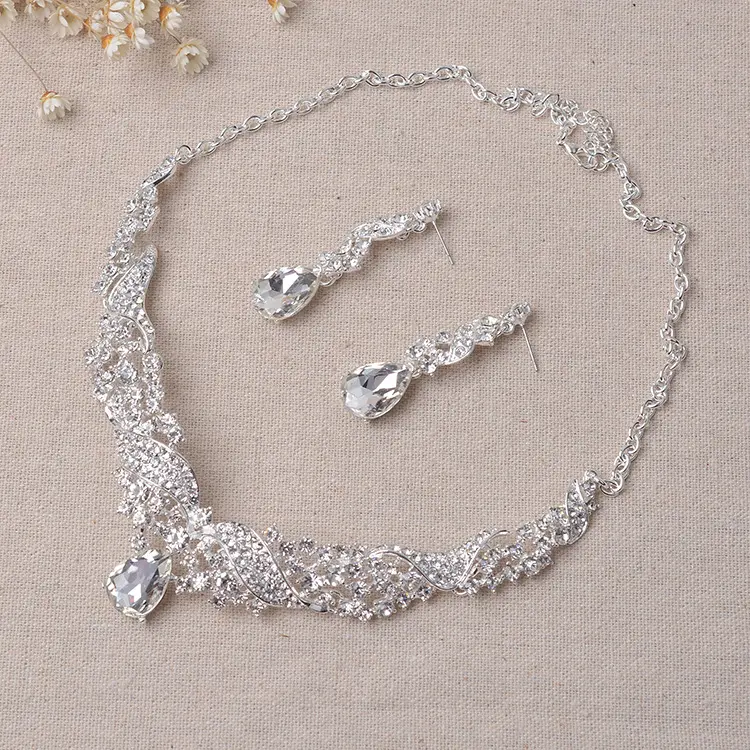 Elegance Shiny bride Dress lady Diamond Necklaces Earrings Two piece Set