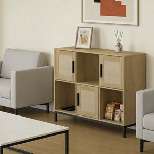 Estantería de Madera con Cubos de Almacenamiento, 3 Puertas de Ratán y Patas de Metal, Mueble <span class=keywords><strong>2x3</strong></span> - Product Image 1