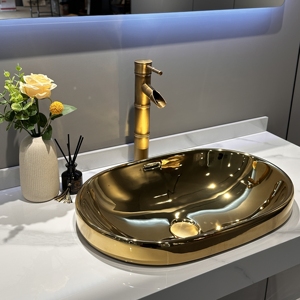 Moderno lavabo Semi-integrato più venduto, lavabo ovale in ceramica, lavabo dorato-Hotel Premium - Product Image 3