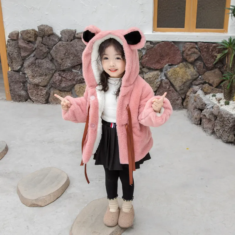 2023 Hot Sale Children Girl Clothes Kids Boutique Clothing Thickened Winter jackets with Bear ear silk ribbon Hooded