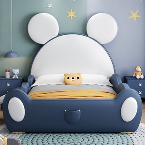 Lit enfant en bois massif style grandes oreilles JS, avec <span class=keywords><strong>sommier</strong></span> à <span class=keywords><strong>lattes</strong></span> en bois, ensemble de meubles de chambre en cuir souple - Product Image 3