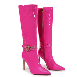 Bottes longues à talon aiguille brillant taille 47, ajustement large, avec boucles métalliques, pour femme - Product Image 6