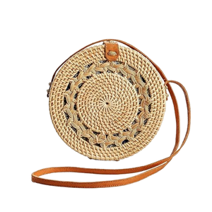 Sac à main rond en rotin naturel tissé à la main sangles en cuir gland décoration à la mode fermeture à glissière Portable sac à main doublure en Polyester - Product Image 6