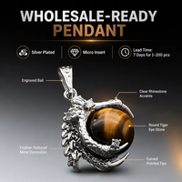 Collier pendentif de luxe pour homme, plaqué argent, griffe d'aigle, pierre naturelle œil de tigre, cristal, boule de dragon