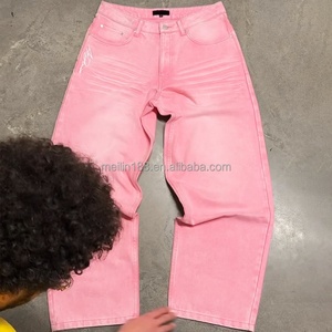 Jeans personnalisés à taille haute avec broderie, pantalon en denim unisexe rose vintage délavé à l'acide, jeans baggy pour hommes - Product Image 5