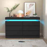 Commode à 6 tiroirs avec prise de courant, commode avec lumière LED, chambre à coucher noire, vente en gros